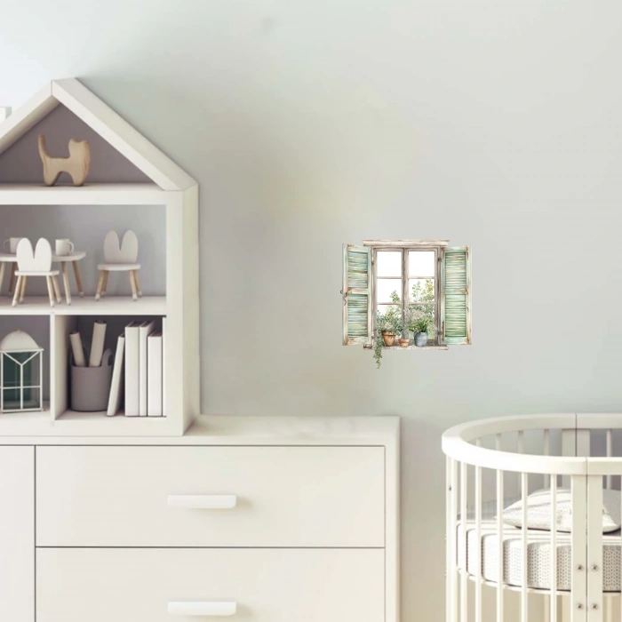 Yeşil Panjurlu ve Bitkili Pencere Duvar Stickerı