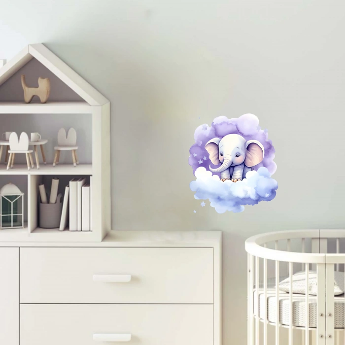 Yıldızlı Bulut Üzerinde Oturan Mor Fil Duvar Çıkartması