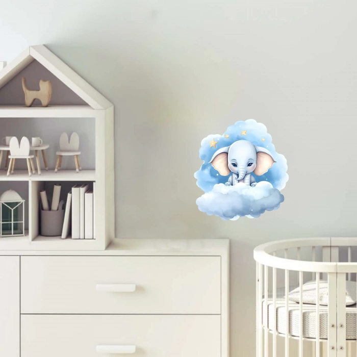 Yıldızlı Mavi Bulut Üzerinde Oturan Sevimli Fil Duvar Çıkartması