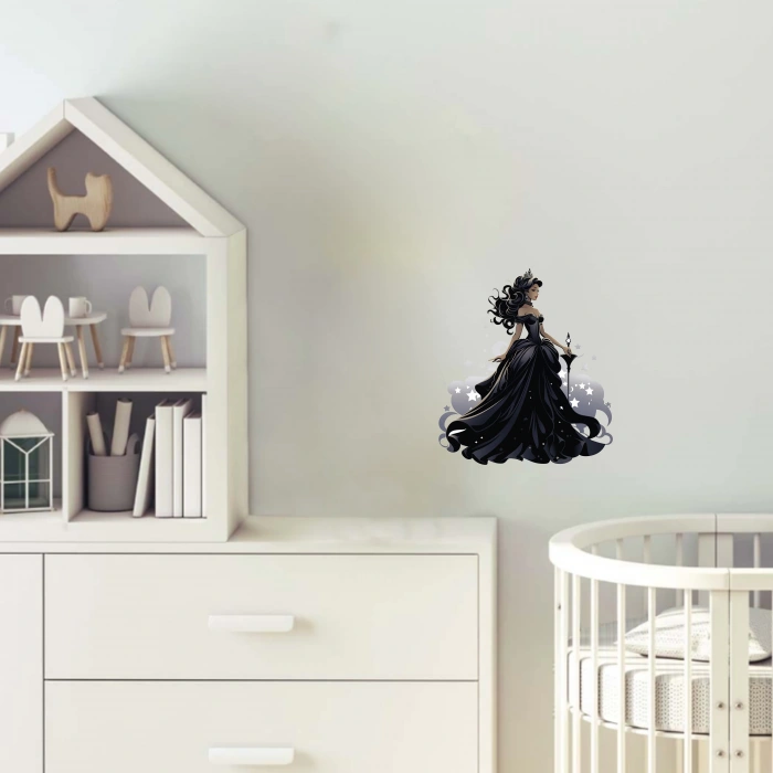Yıldızlı ve Asa Tutan Siyah Elbiseli Prenses Duvar Stickerı
