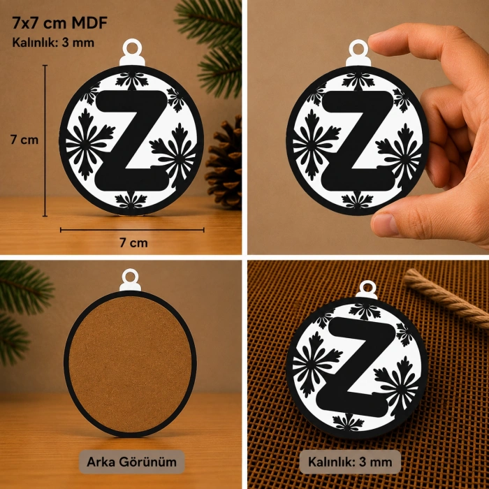Z Harf Yılbaşı Süsü – MDF Çam Ağacı Desenli Asılabilir Dekor (7x7 cm)
