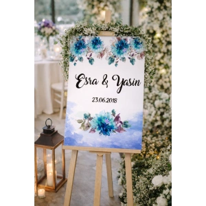 Mavi Çiçekli Yatay Düğün, Nişan ve Söz Karşılama Panosu – 50x70 cm