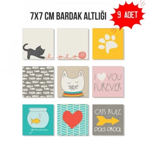 Sevimli Kedi & Pati Desenli 7x7 cm Bardak Altlığı – 9’lu Set Dekoratif Kare Tasarım