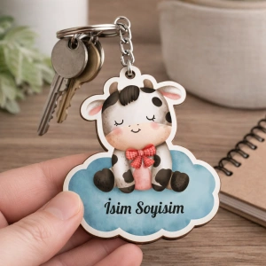 Kişiye Özel İnek & Bulut Tasarımlı MDF Anahtarlık – İsim Baskılı Sevimli Hediyelik - 5 Adet