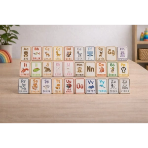 Ahşap Alfabe Kartları – Türkçe Harfler ve Hayvan Figürleri Eğitici Set (A-Z)