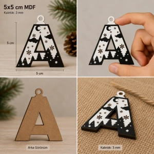 A Harf Yılbaşı Süsü – MDF Çam Ağacı Desenli Asılabilir Dekor (5x5 cm)