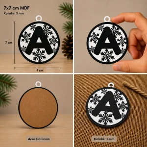 A Harf Yılbaşı Süsü – MDF Çam Ağacı Desenli Asılabilir Dekor (7x7 cm)