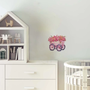 Açık Pembe Çiçekli ve Pembe Tekerlekli El Arabası Duvar Stickerı