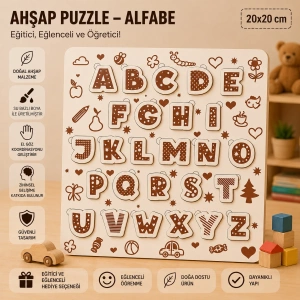 Ahşap Puzzle - Alfabe: Eğitici ve Öğretici Okul Öncesi Harf Öğrenme Seti (20x20 cm)