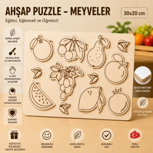 Ahşap Puzzle - Meyveler: Eğitici ve Öğretici Okul Öncesi Zeka Oyunu (30x20 cm)