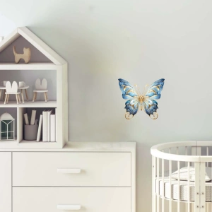 Altın Detaylı Mavi Kelebek Duvar Stickerı