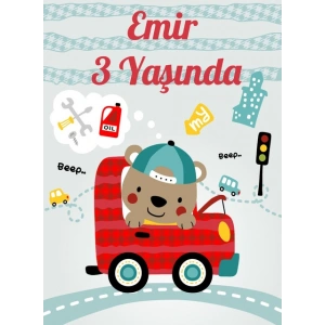 Araba Süren Ayı Temalı Doğum Günü Afişi - 100x150 Cm