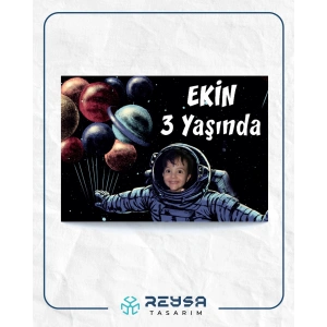 Astronot ve Gezegenler Temalı Doğum Günü Afişi 70X100 cm