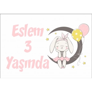 Ayda Oturan Tavşan Temalı Doğum Günü Afişi 70X100 cm