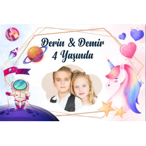 Uzay ve Unicorn Temalı Doğum Günü Afişi 70X100 cm