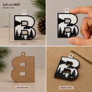 B Harf Yılbaşı Süsü – MDF Çam Ağacı Desenli Asılabilir Dekor (5x5 cm)