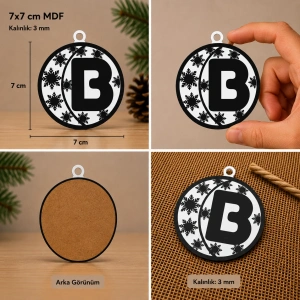 B Harf Yılbaşı Süsü – MDF Çam Ağacı Desenli Asılabilir Dekor (7x7 cm)