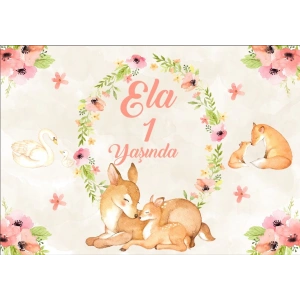 Çiçek ve Ceylan Temalı Doğum Günü Afişi 50X70 cm