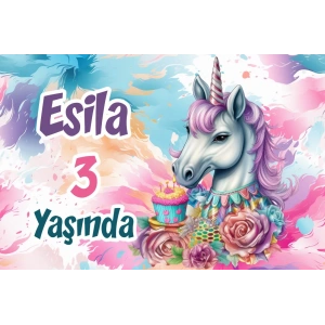 Pasta ve Unicorn Temalı Doğum Günü Afişi -3 70X100 cm