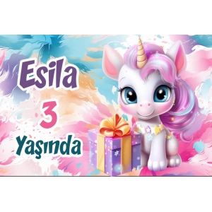 Hediye ve Unicorn Temalı Doğum Günü Afişi -2 70X100 cm