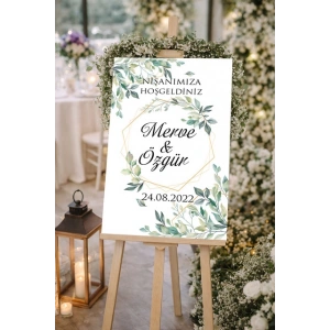 Beyaz Yeşil Çiçekli Düğün, Nişan ve Söz Karşılama Panosu – 50x70 cm