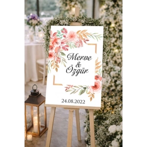 Beyaz Çiçekli Çerçeveli Düğün, Nişan ve Söz Karşılama Panosu – 50x70 cm
