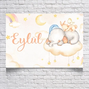 Bulutlar Üstünde Uyuyan Fil Temalı Doğum Günü Afişi 70X100 cm