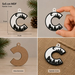 C Harf Yılbaşı Süsü – MDF Çam Ağacı Desenli Asılabilir Dekor (5x5 cm)
