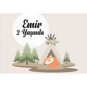 Çadır ve Tilki Temalı Doğum Günü Afişi 100X150 cm