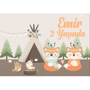 Çadır ve Tilki Temalı Doğum Günü Afişi 50X70 cm