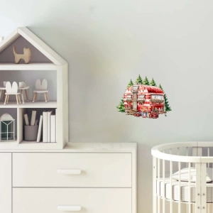 Çam Ağaçları ve Hediyelerle Kırmızı Karavan Duvar Çıkartması