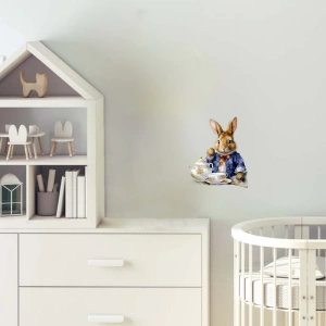 Çay Demliği ve Fincanlı Tavşan Duvar Stickerı - Mavi Ceketli