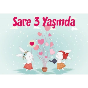 Çiçek Sulayan Tavşanlar Doğum Günü Afişi 50X70 cm