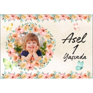 Resimli Çiçek ve Kelebekler Temalı Doğum Günü Afişi 50X70 cm