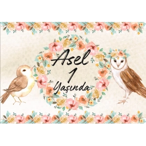 Çiçek ve Kuşlar Temalı Doğum Günü Afişi 70X100 cm