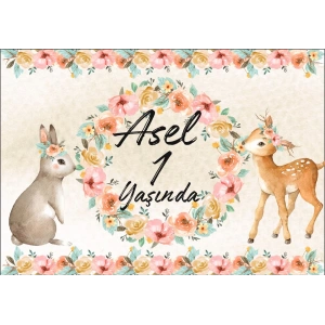 Çiçek ve Hayvalar Temalı Doğum Günü Afişi 70X100 cm