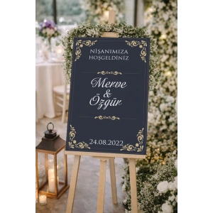 Siyah Gold Çerçevelş Düğün, Nişan ve Söz Karşılama Panosu – 50x70 cm