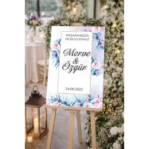 Pembe Mor Çiçekli Düğün, Nişan ve Söz Karşılama Panosu – 50x70 cm