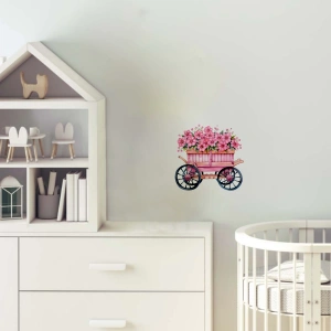 Çiçekli Pembe El Arabası Duvar Stickerı (Siyah Tekerlekli)