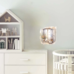 Çiçekli Vazo ve Perde Detaylı Pencere Duvar Stickerı