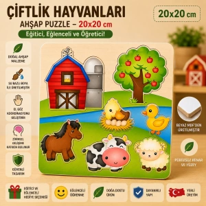 Çiftlik Hayvanları Ahşap Puzzle - Eğitici ve Öğretici Okul Öncesi Zeka Oyunu (20x20 cm)