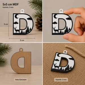 D Harf Yılbaşı Süsü – MDF Çam Ağacı Desenli Asılabilir Dekor (5x5 cm)