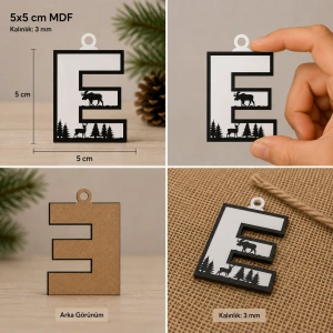 E Harf Yılbaşı Süsü – MDF Çam Ağacı Desenli Asılabilir Dekor (5x5 cm)