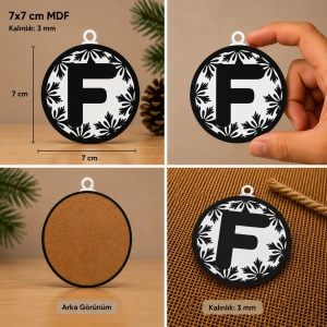 F Harf Yılbaşı Süsü – MDF Çam Ağacı Desenli Asılabilir Dekor (7x7 cm)