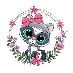 Fiyonklu Rakun Çiçek Çerçeveli Duvar Stickerı