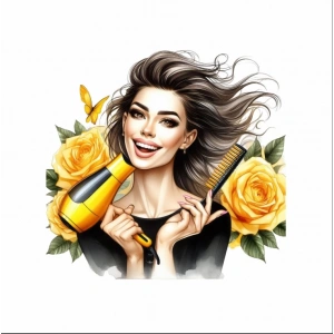 Fön Makinesi ve Tarak Tutan Kuaför Kız Duvar Stickerı