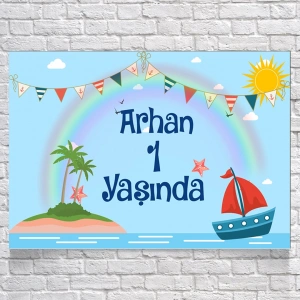 Gemi Deniz ve Gökkuşağı Temalı Doğum Günü Afişi 50X70 cm