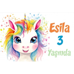 Gökkuşağı Saçlı Unicorn Temalı Doğum Günü Afişi 35X50 cm