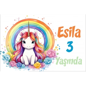 Unicorn ve Gökkuşağı Temalı Doğum Günü Afişi -1 70X100 cm