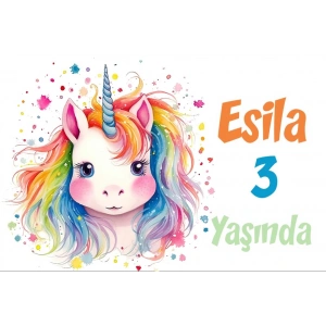 Gökkuşağı Saçlı Unicorn Temalı Doğum Günü Afişi -2 50X70 cm